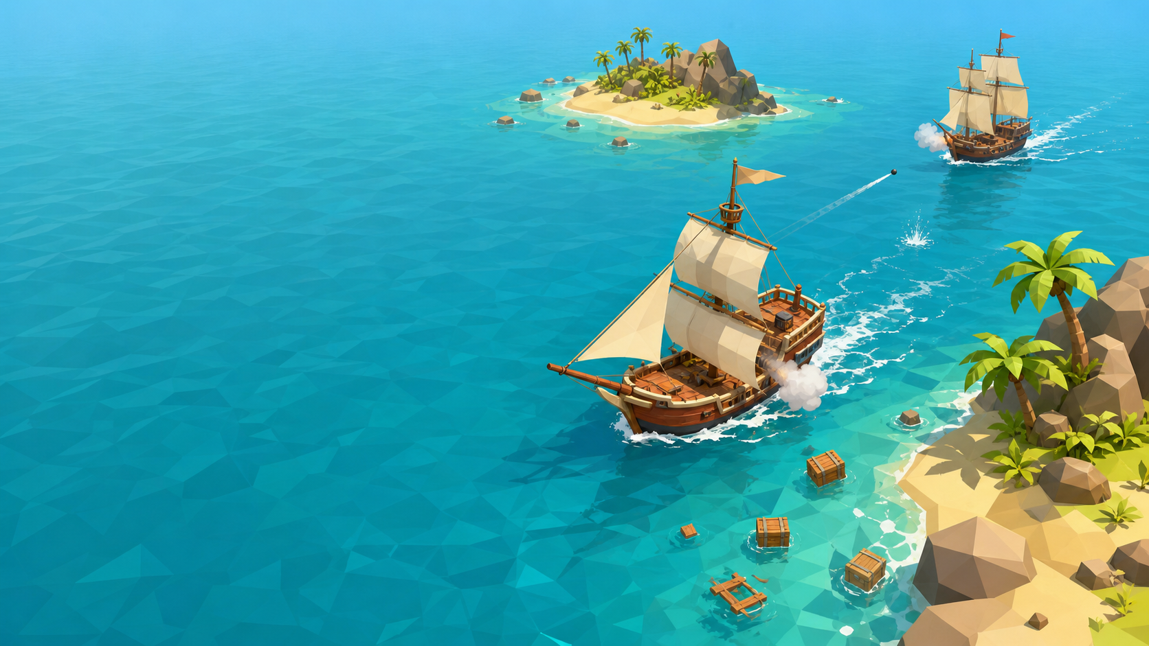 Stylised Pirates.io gameplay concept with sailing ships and tropical islands