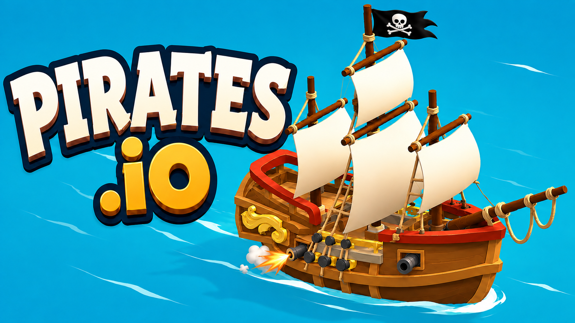 Pirates.io cover art with a pirate ship sailing across bright blue water